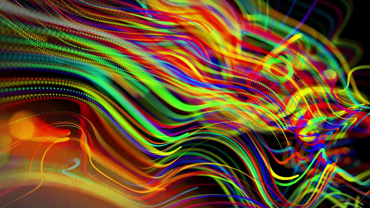 el flujo de partículas forma líneas rizadas como rastros de brillo de diferentes colores, las líneas forman un patrón giratorio como ruido de rizado. abstracto 3d bucle de flujo de animación como fondo festivo creativo brillante