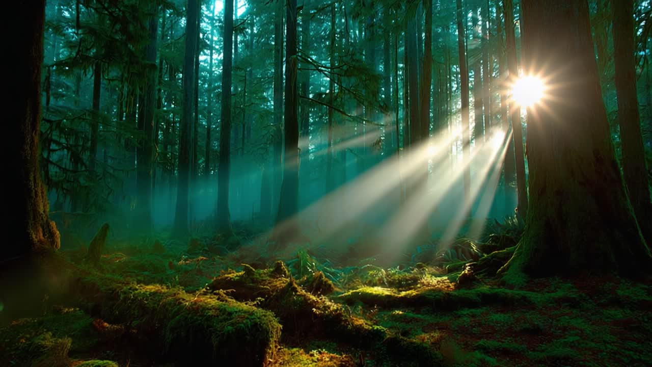 Enchanting Forest Atmosphere Illuminated by Sunbeams Breaking Through Dense Canopy, Creating a Mystical and Serene Natural Landscape