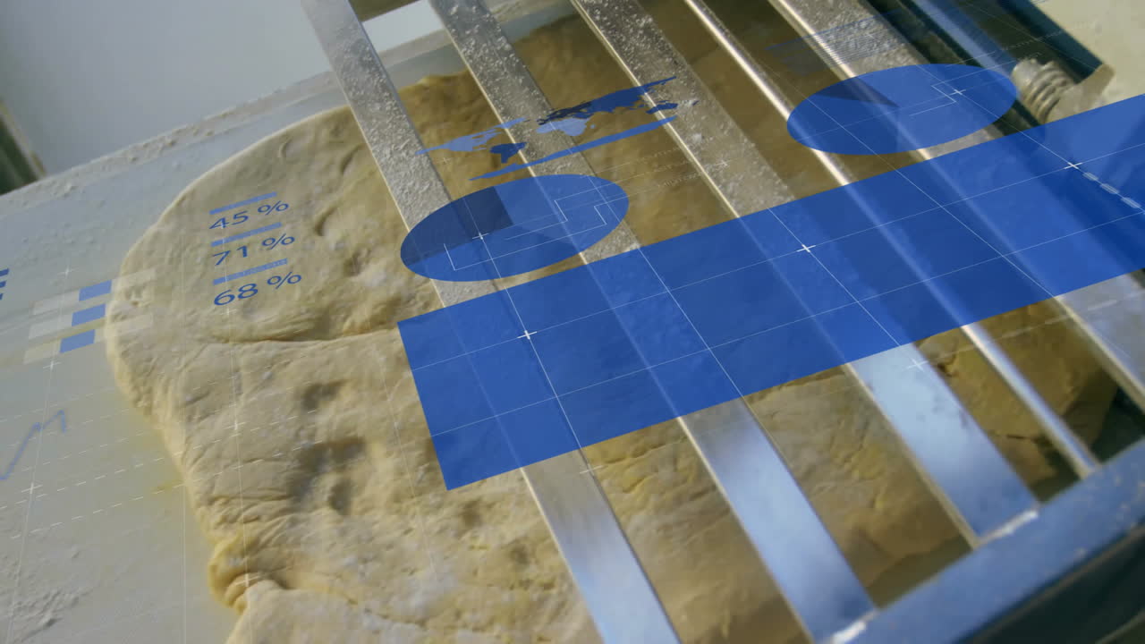 Raw dough sliding on steel slats, showing floating blue charts and percentages in flat design