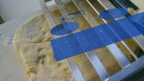 raw dough sliding on steel slats, showing floating blue charts and percentages in flat design