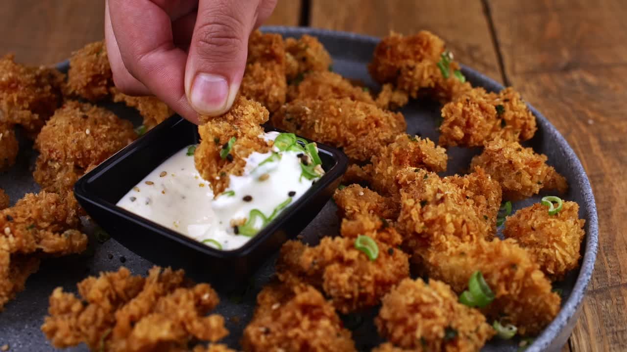 목장 딥에 닭고기 조각을 담그는 손의 근접 촬영