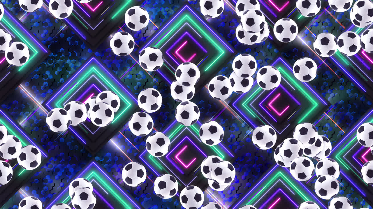 Floating Soccer Balls in Neon Geometric Pattern