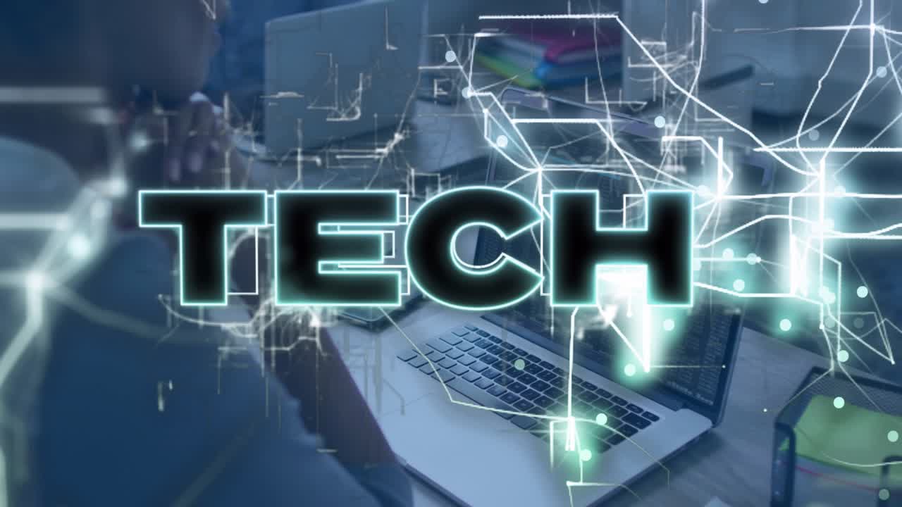 Tech developer entering code and activating network lines morphing into glowing TECH overlay