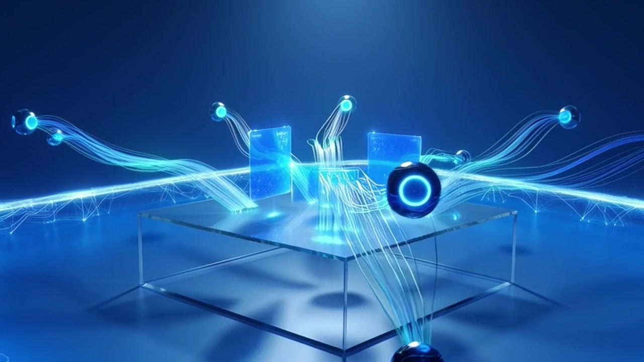 Abstract Digital Data Transfer with Glowing Nodes and Light Trails