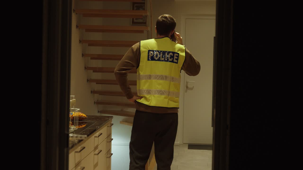 Bagfra-billede af en politibetjent inde i et hus efter et indbrud, der inspicerer interiøret. Koncept for gerningsstedsundersøgelse, hjemmesikkerhed, retshåndhævelsens indsats og offentlig sikkerhed.