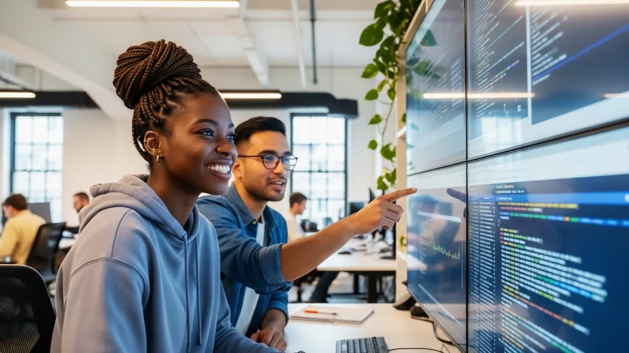 A dynamic duo of programmers sharing insights in a modern workspace, celebrating their collaborative effort while analyzing data displayed on large monitors illuminated with colorful code