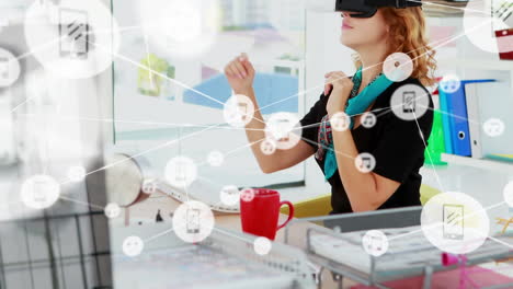 animación de redes de conexiones y mujer de negocios con teléfono vr auricular