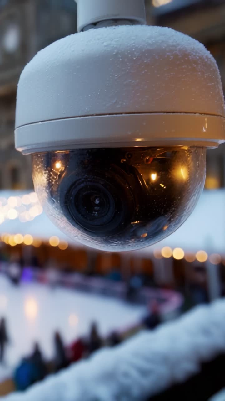 Close-Up of a Surveillance Camera Capturing an Ice Skating Scene, Glowing Lights and Festive Atmosphere Reflected in the Camera Lens with Snowy Surroundings