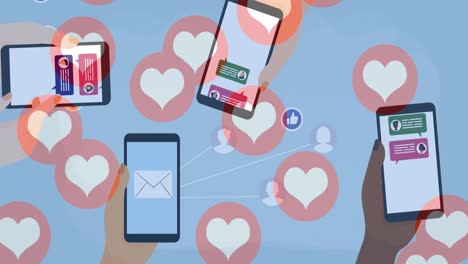 multiple heart icons floating against hands using smartphones against blue background