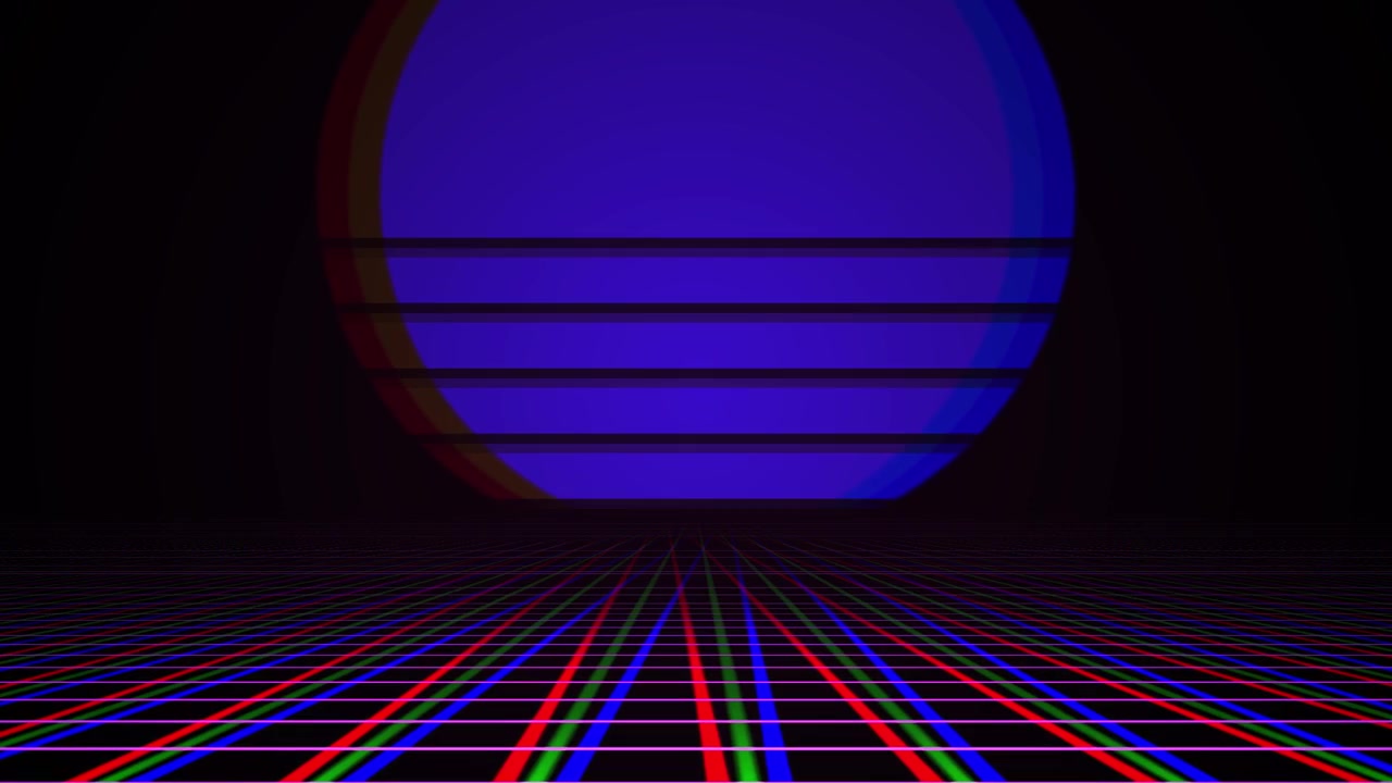 Paesaggio a griglia in stile Retro Synthwave con sole blu splendente