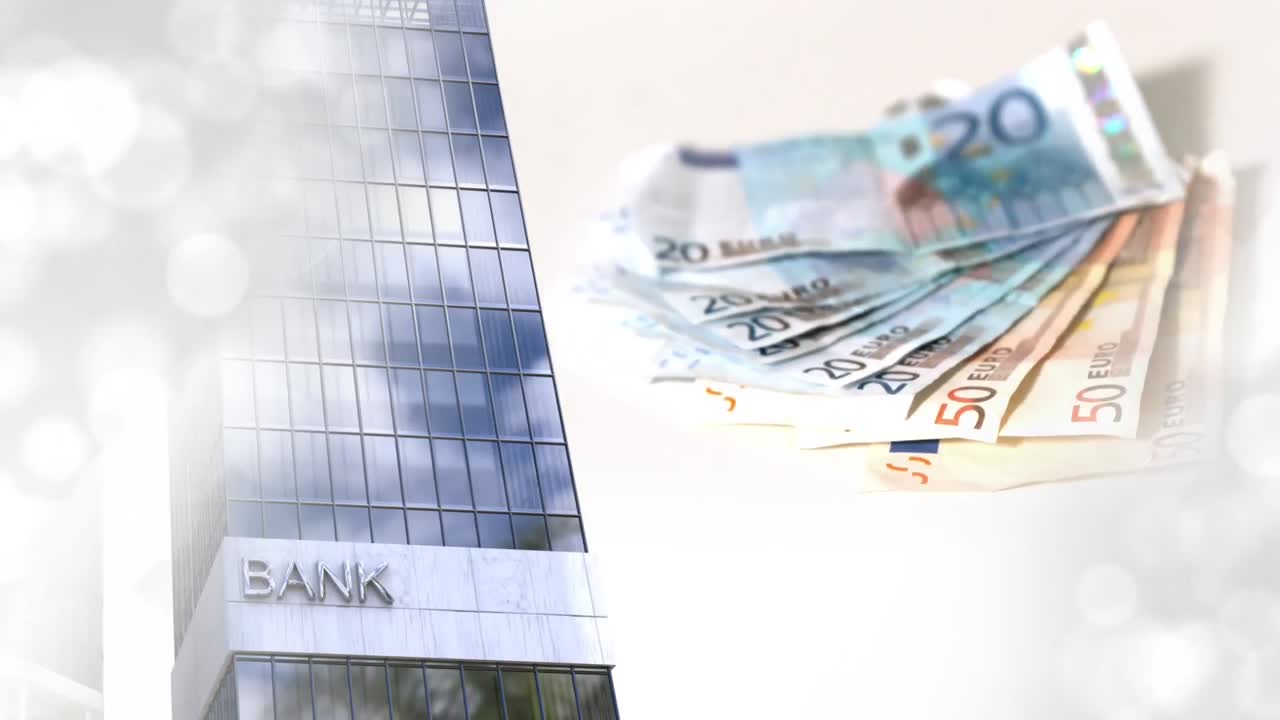 animación de billetes en euros que caen sobre un edificio bancario moderno