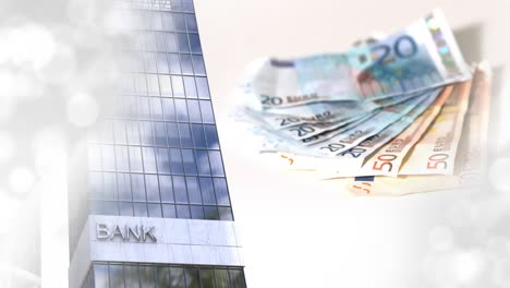 Animation-Von-Euro-Banknoten,-Die-über-Ein-Modernes-Bankgebäude-Fallen