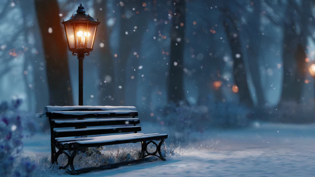A Serene Winter Evening Scene Featuring a Frost-covered Bench Illuminated by a Warm Street Lamp Amidst Gentle Snowfall and a Dreamy, Misty Background of Softly Glowing Lights in Nature
