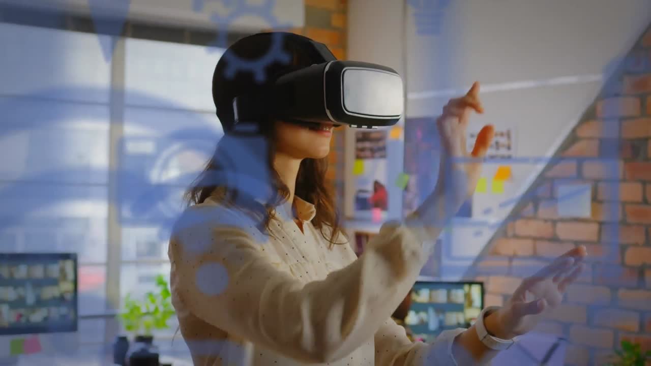 vr 헤드 ⁇ 을 착용한 혼성 인종 여성에 대한 소셜 미디어 아이콘의 애니메이션