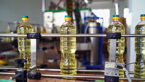 sunflower oil in bottles. sunflower oil in the bottle moving on production line