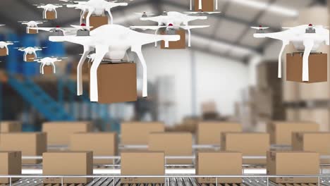 animation of drones holding cardboard boxes with cardboard boxes lying on conveyor belts