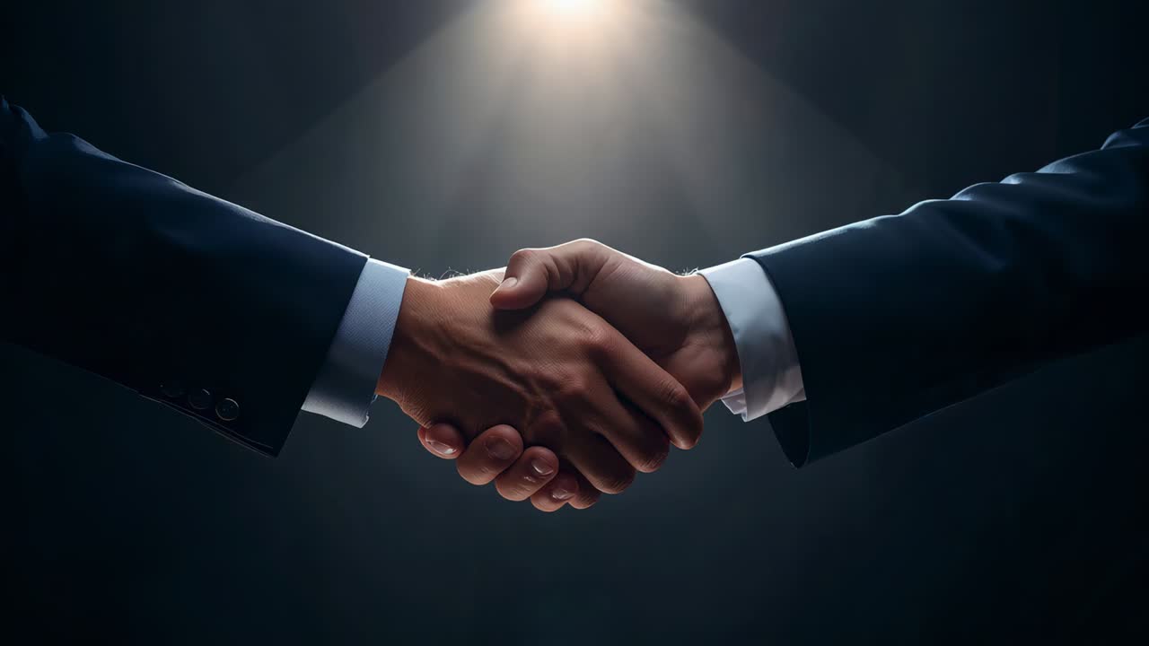 Faretto che illumina il palco, due partner in giacca che allungano gli avambracci, si stringono la mano, suggellando l'accordo