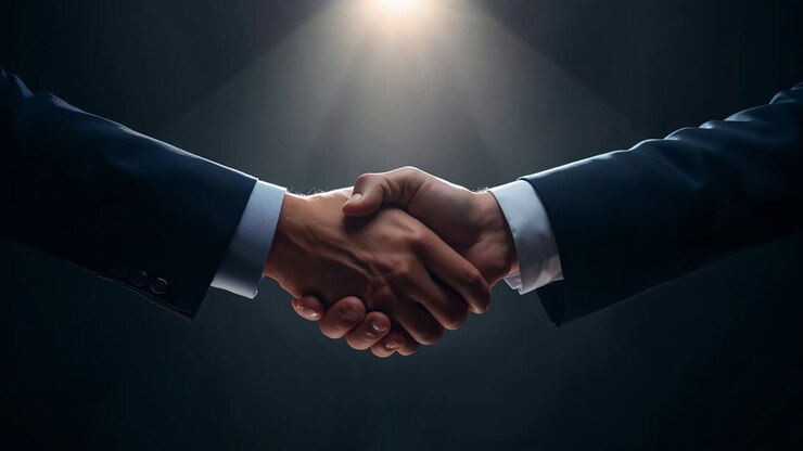 Spotlight illuminating stage, two partners in suits extending forearms, shaking hands, sealing deal