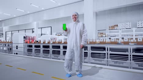 full body of asian male scientist smiling and showing green screen smartphone while standing with conveyor for packaging coffee beans in bags at coffee factory