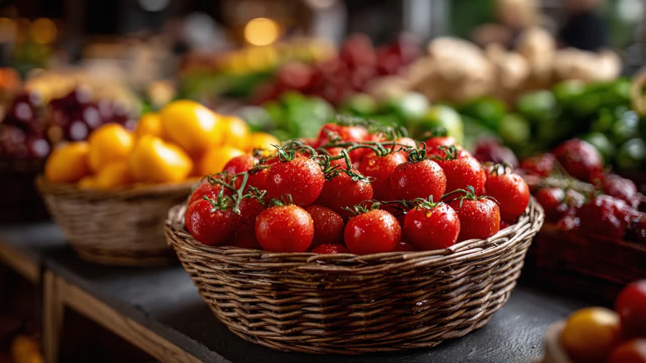 Vibrant Market Baskets Filled with Fresh, Juicy Tomatoes Surrounded by a Colorful Array of Fruits and Vegetables, Capturing the Essence of a Lively Marketplace Atmosphere