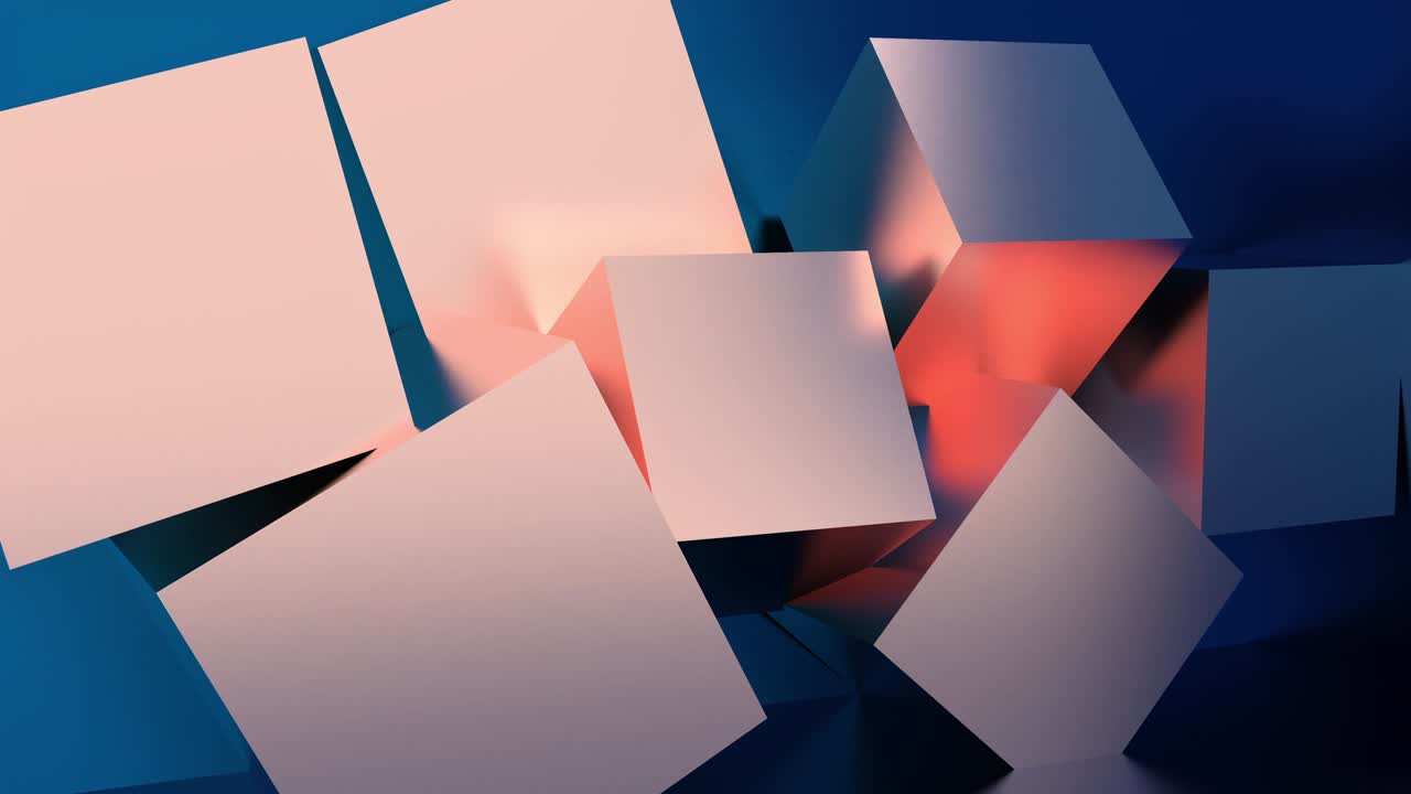 Shiny pink futuristic steel cubes rotate on a minimalistic blue background. Concept neon future of design, fashion and technology. 3d render 4k looped animation