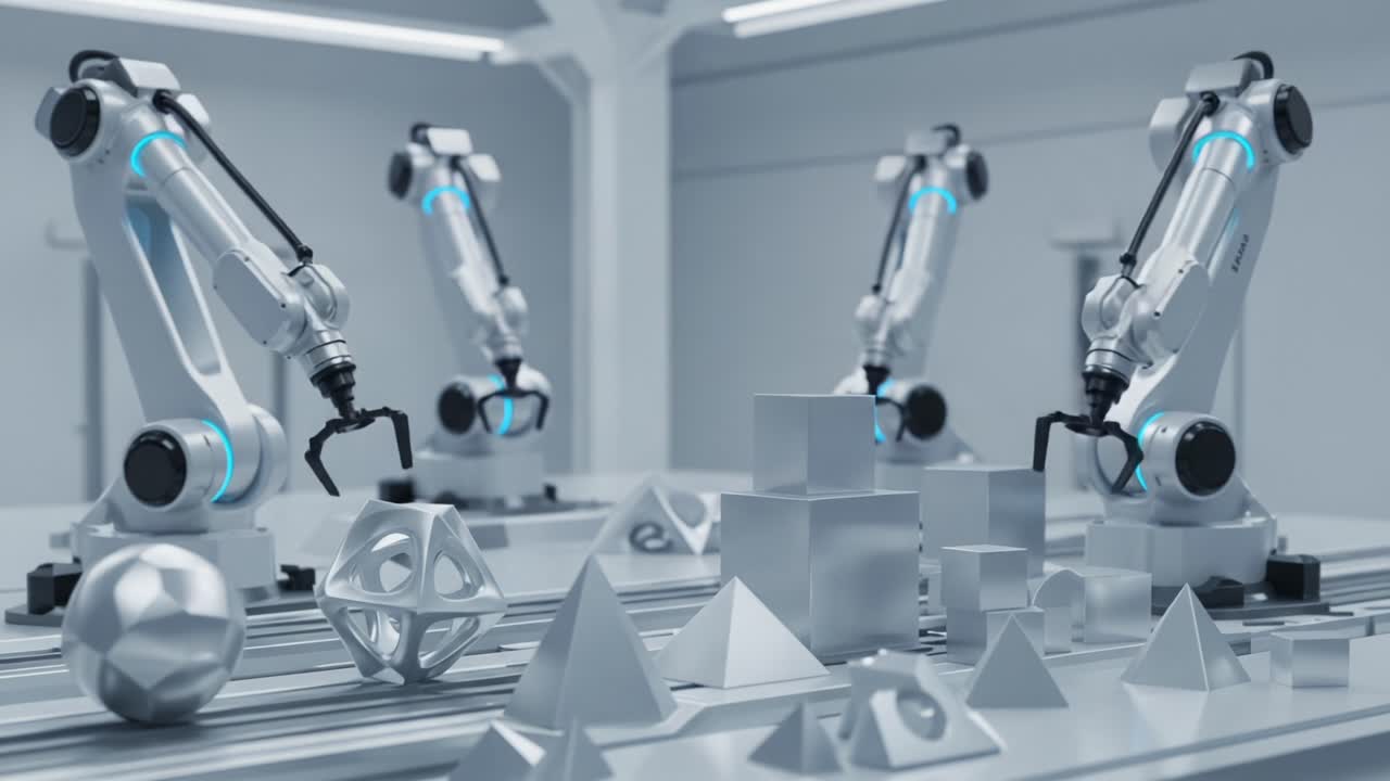 Advanced robotic arms efficiently manipulate various geometric shapes in a modern workspace, showcasing cutting-edge automation and precision in manufacturing processes