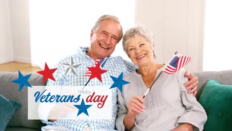 Animation-of-veterans-day-text,-stars-over-caucasian-couple-with-flags-of-united-states-of-america