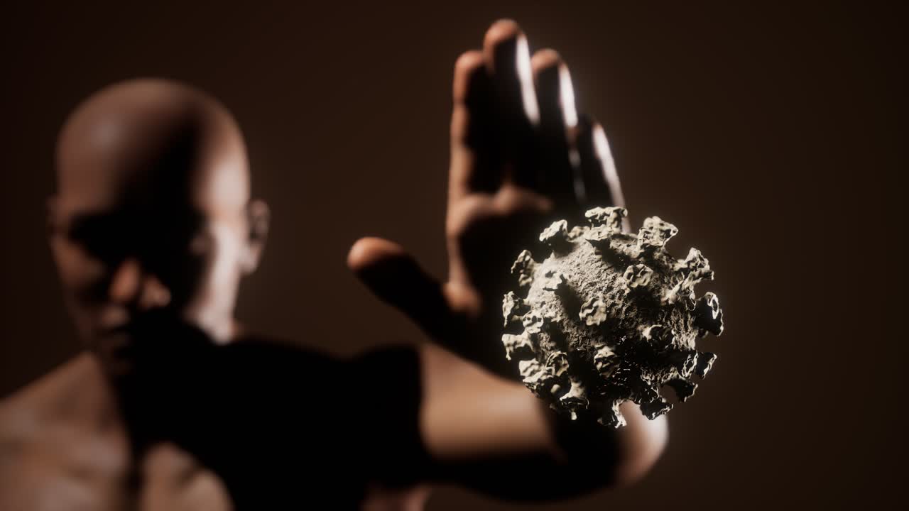 겁에 질린 남자가 코로나바이러스 코로나19 감염을 두려워해서 손짓을 멈 ⁇ 습니다.