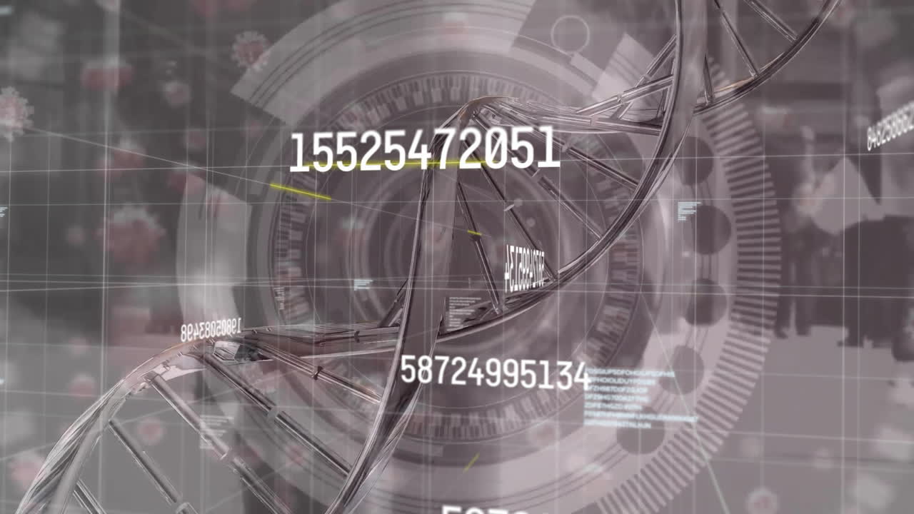 Animation of changing numbers, dna helix and circles over diverse people walking on street