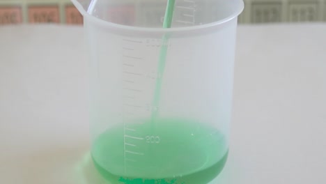 chemicals are being poured into a beaker with periodic table in background .