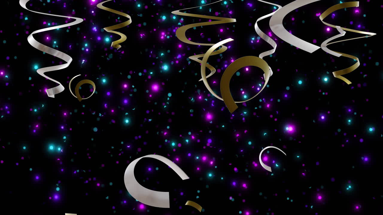 Animazione di stelle filanti dorate e argentate con luci scintillanti su sfondo nero.