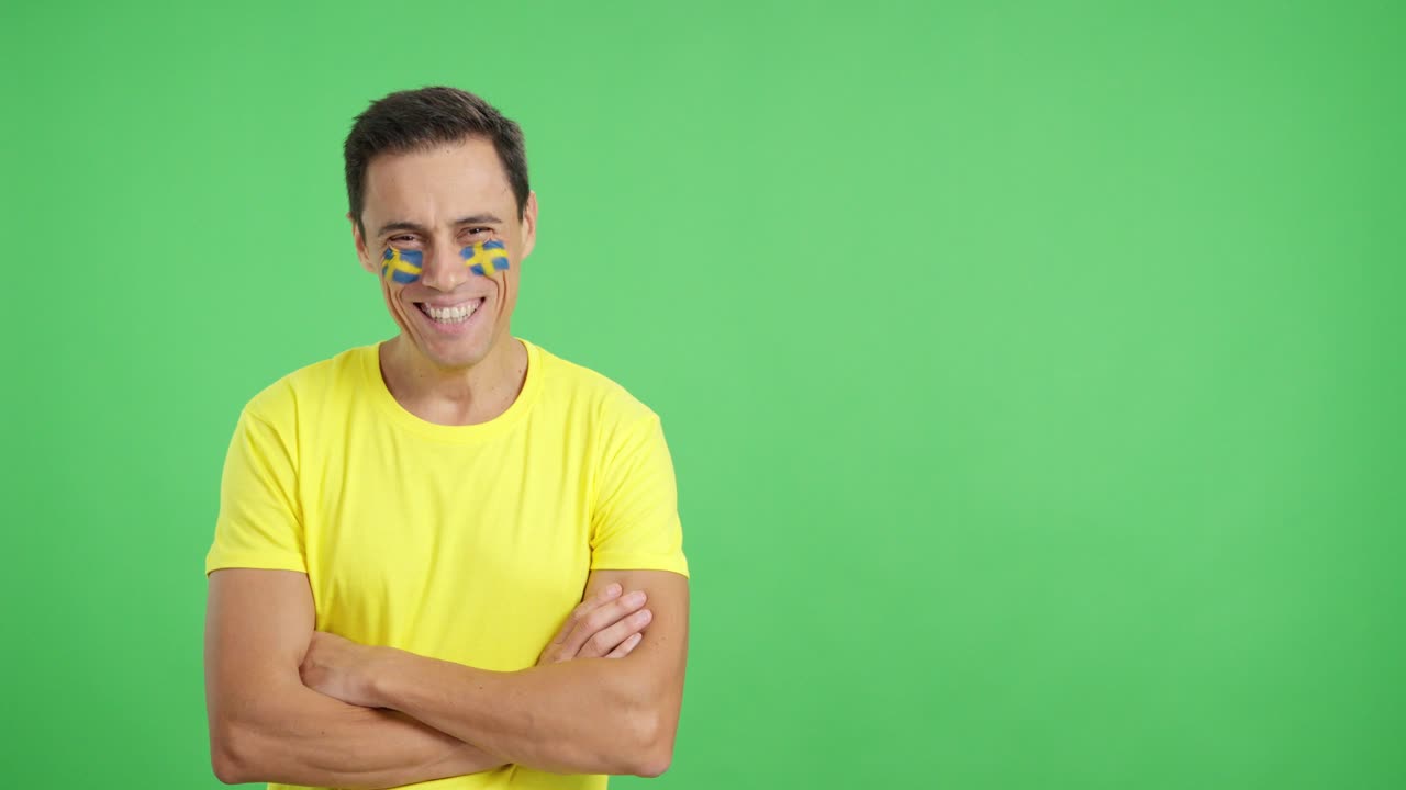 Man standing with swedish flag painted on face smiling