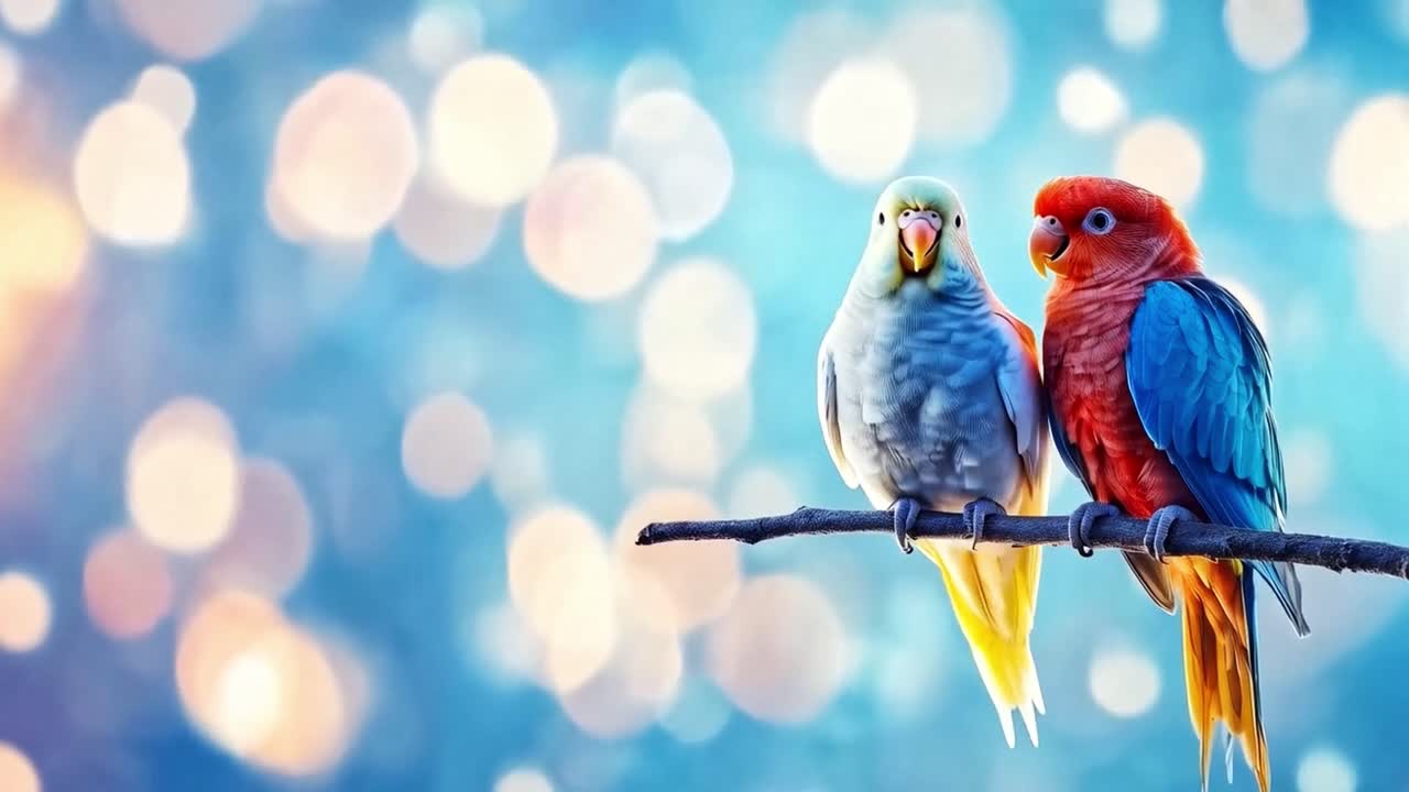 Colorful Parrots Perched on a Branch with Bokeh Background