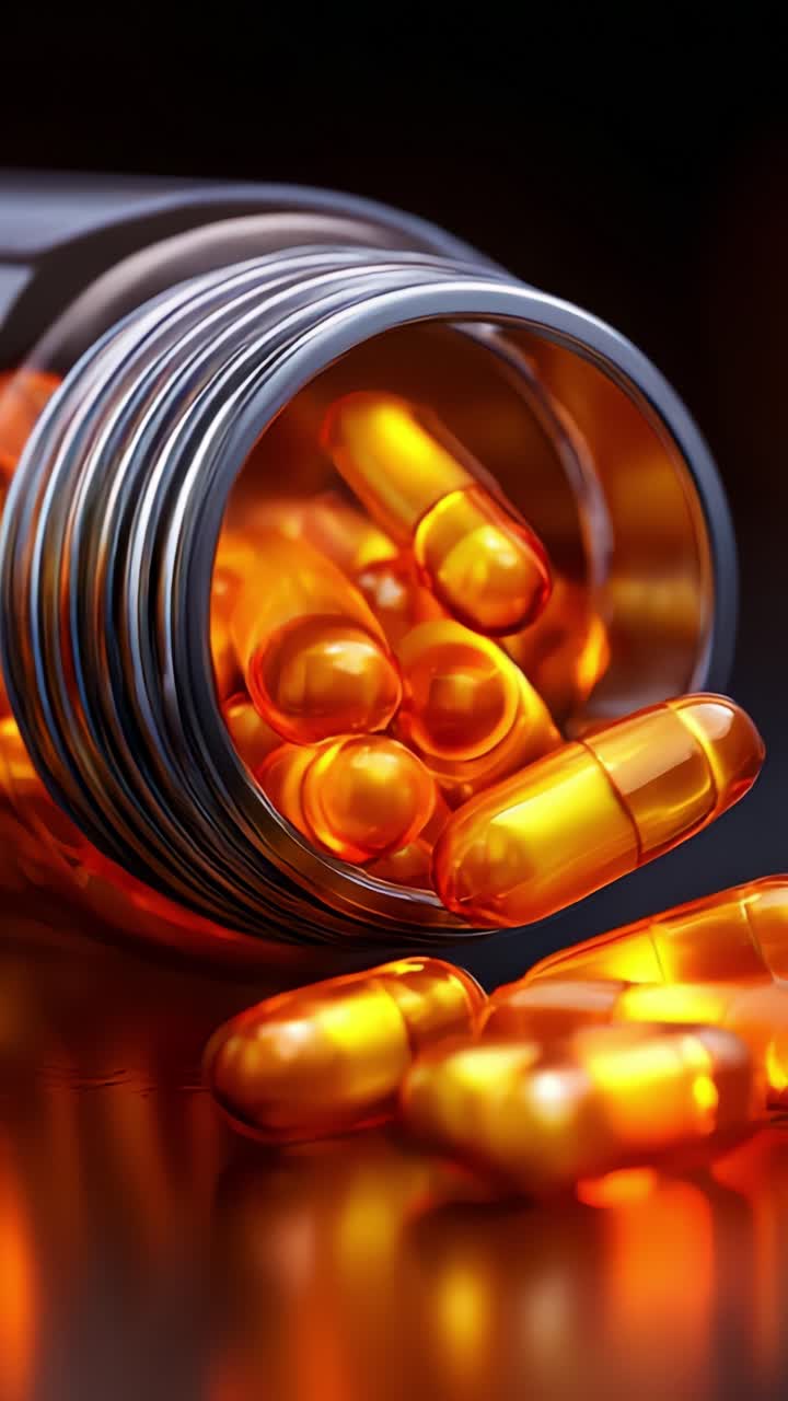 Close-Up of Colorful Gel Capsules Spilling from a Bottle, Highlighting the Vibrancy and Texture of the Supplements in a Smooth and Reflective Setting