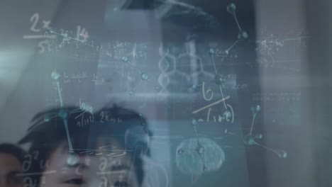 Animation-of-biological-data-on-digital-screen-over-math-formulas-and-diverse-doctors-running