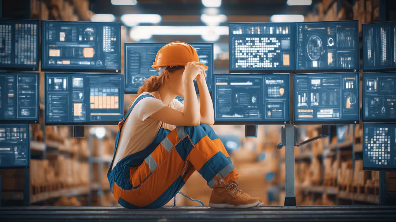 A Warehouse Worker in Orange and Blue Overalls with Helmet Sitting in Front of Multiple Digital Screens, Contemplating Challenges and Data Management, Evoking a Sense of Stress and Overwhelm