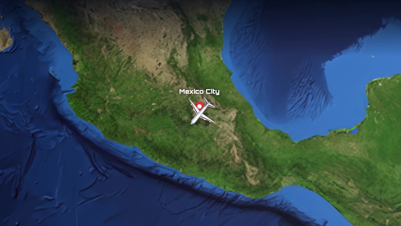 Satellite view animation tracks a commercial airplane flying from Atlanta to Mexico City over land