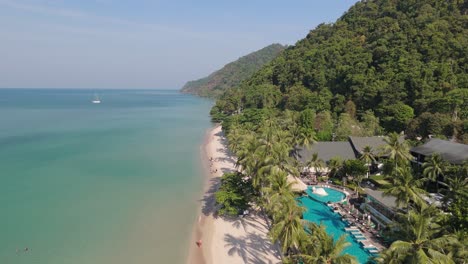 drone perspective of white sand beach village, koh chang. sunny morning aerials of thailand's coastal beauty on the island of koh chang