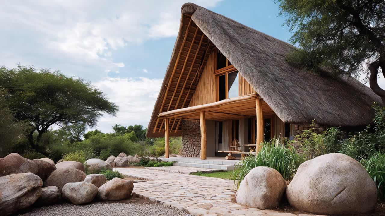 Beautifully Crafted Coastal Cabin with Thatched Roof Surrounded by Lush Foliage and Natural Stone Pathway, Perfect for Relaxed Living Amidst Nature's Splendor