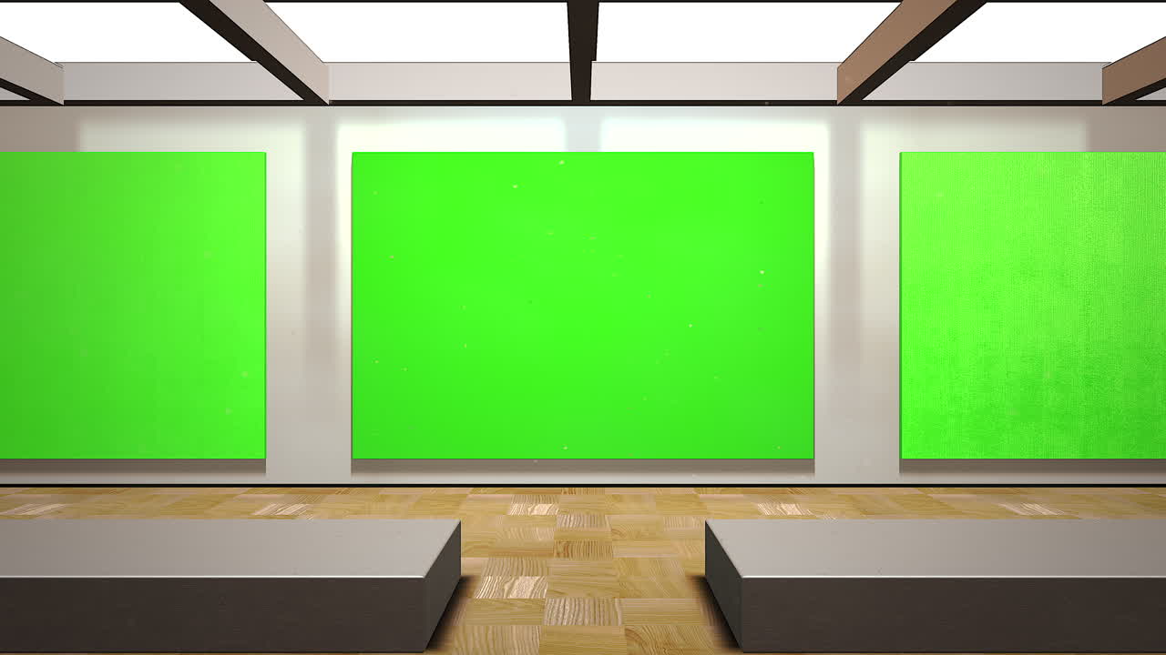 그림이 있는 아트 갤러리의 모션 카메라와 녹색 목업 화면이 있는 현대적인 프레임