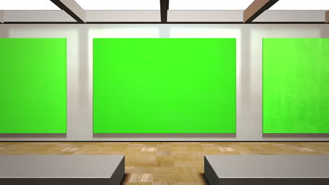 Cámara-De-Movimiento-En-La-Galería-De-Arte-Con-Imagen-Y-Marco-Moderno-Con-Pantalla-De-Maqueta-Verde