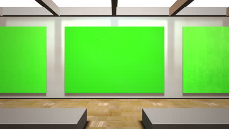 motion camera in art gallery with picture and modern frame with green mock-up screen