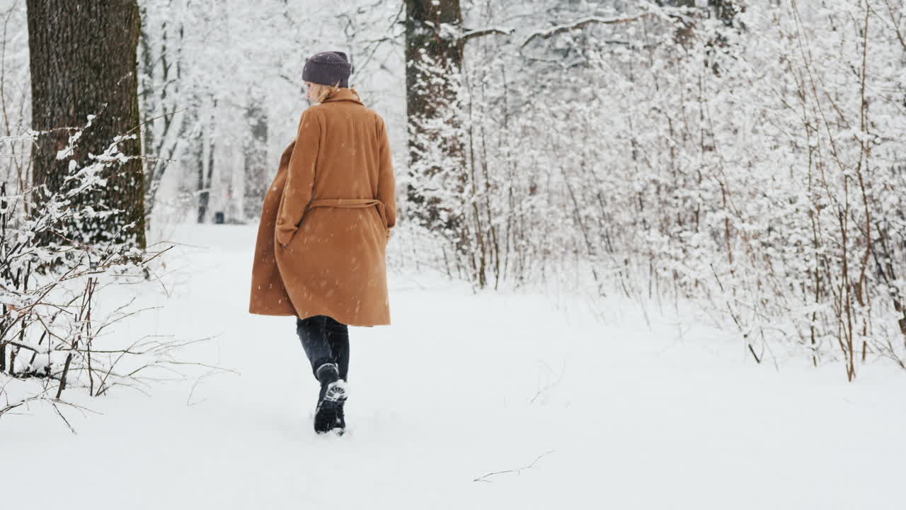 elegante mujer de mediana edad camina en el parque de nieve