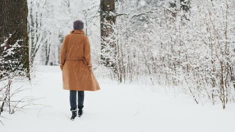 时尚的中年女人在雪地公园里散步