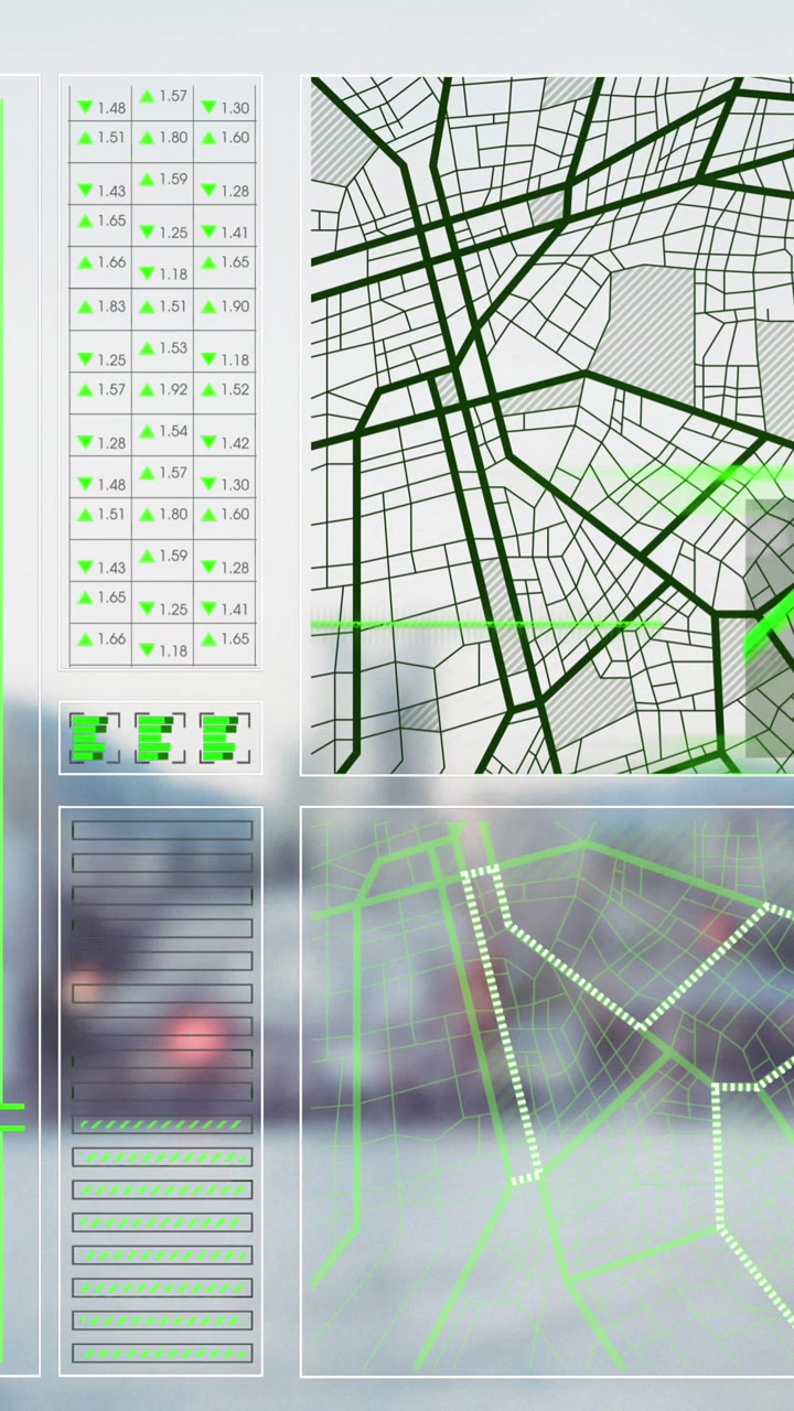 Animazione di grafico, cerchi di caricamento, motivo di navigazione su un paesaggio urbano moderno sullo sfondo del cielo.