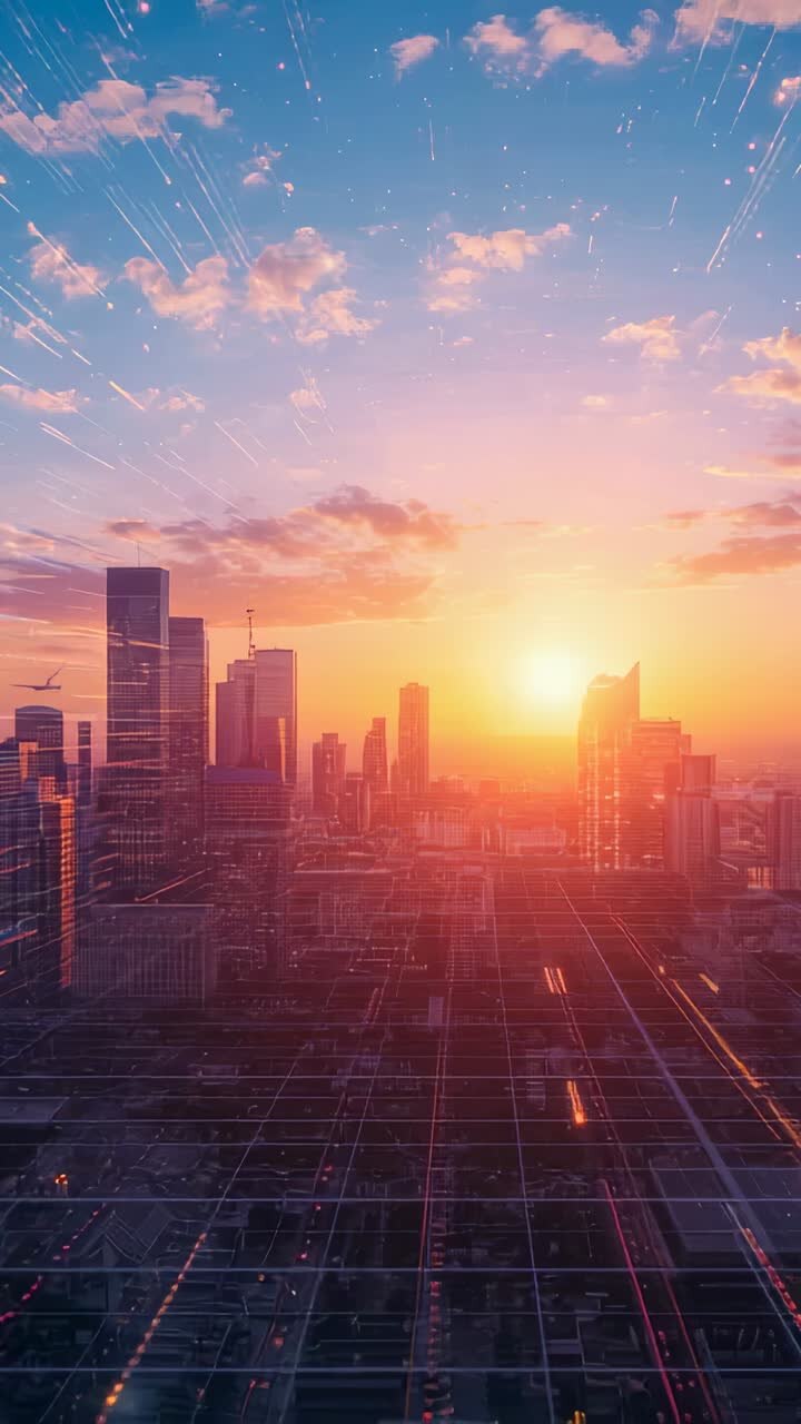 Vídeo vertical: nascer do sol aquecendo o horizonte da cidade a partir do terraço, iluminando a torre de vidro e a sobreposição de grade