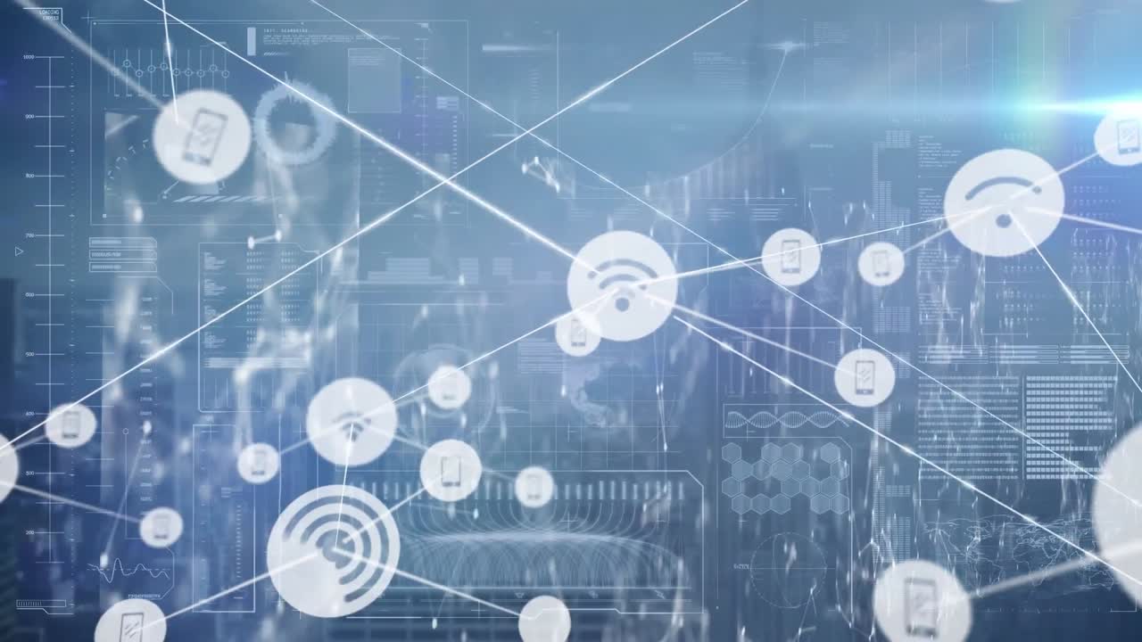 도시 풍경 위의 아이콘으로 연결된 네트워크의 애니메이션