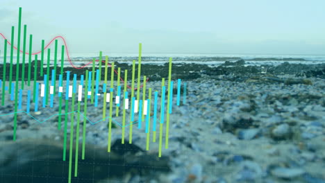 financial data analysis animation over rocky beach background