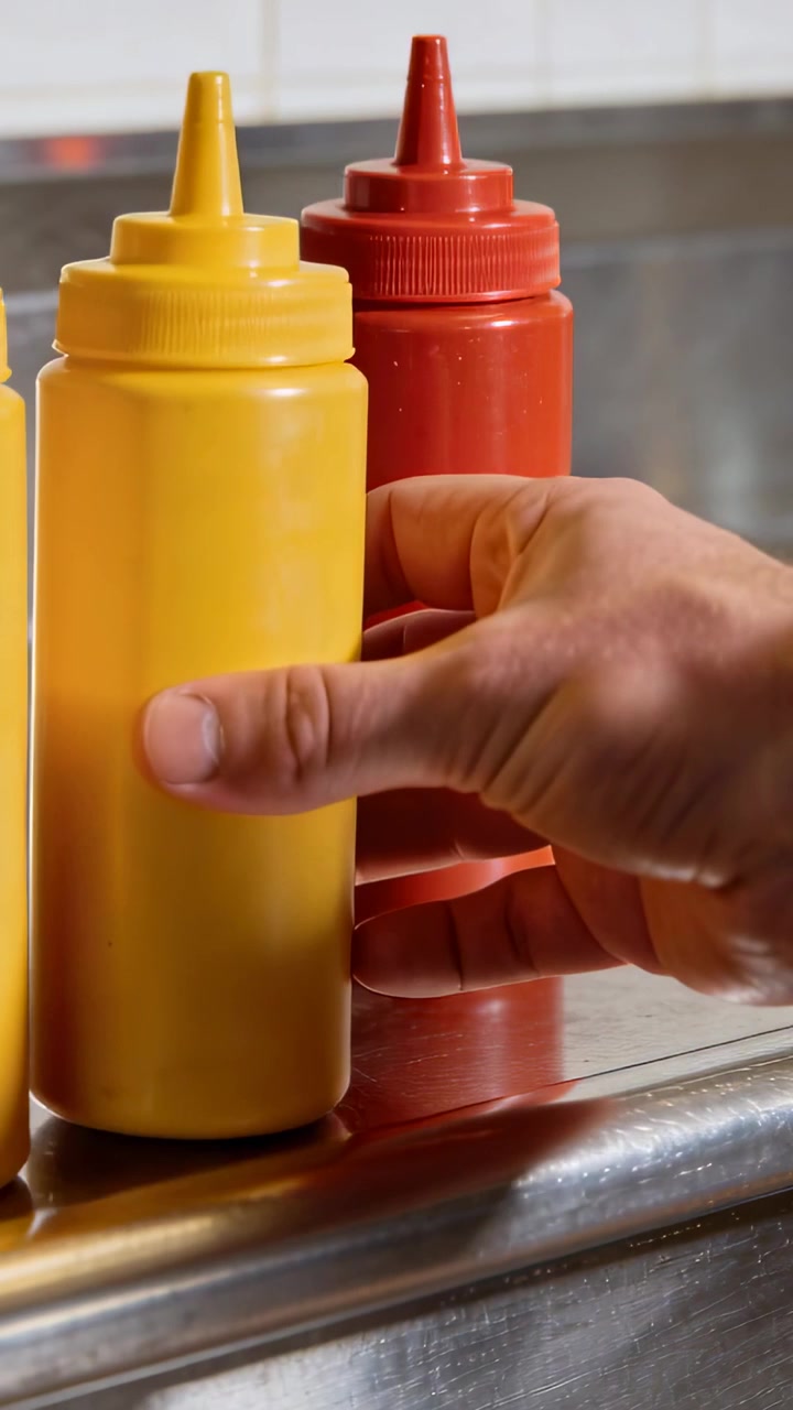 Vídeo vertical: Mão entrando pela direita, levantando uma garrafa amarela e colocando-a ao lado de uma vermelha no balcão.