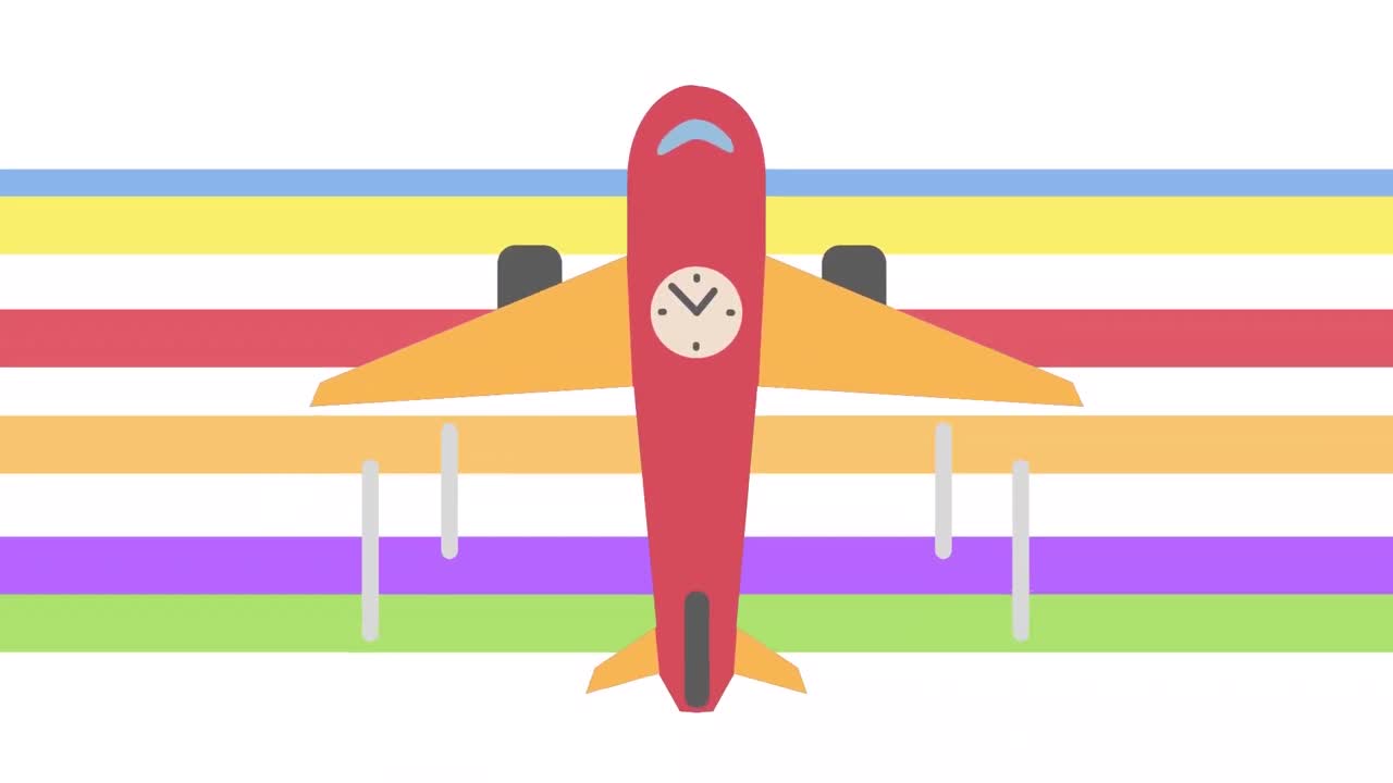 화려한 줄무 ⁇ 를 배경으로 한 시계와 함께 비행기의 애니메이션